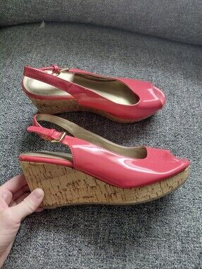 Y2K Coral Pink Slingback Peep Toe Cork Wedge Heeled Summer Sandals Size 7.5